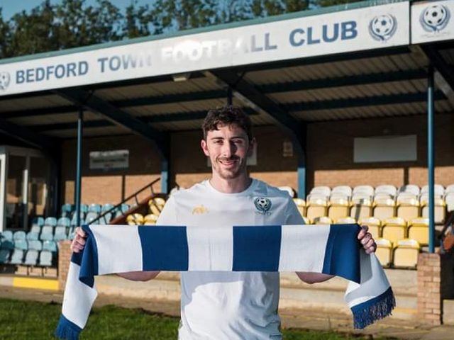 Sam Brown is paraded at The Eyrie after signing for Bedford Town in June 2024