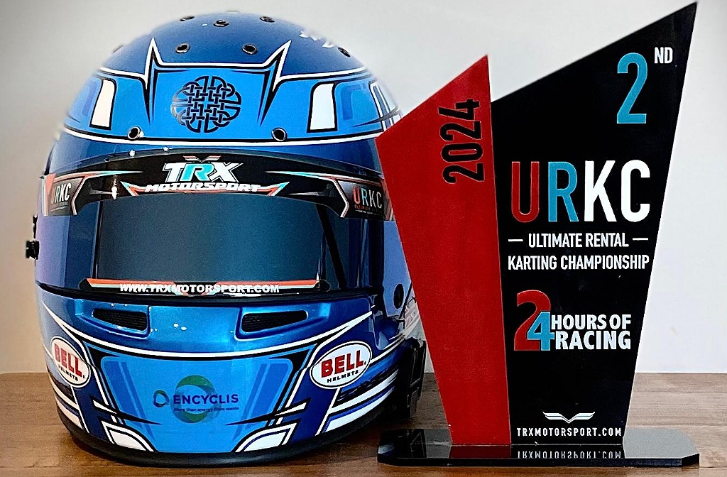 Jayden Lyford's race helmet and trophy for finishing 2nd in a 24-hour race