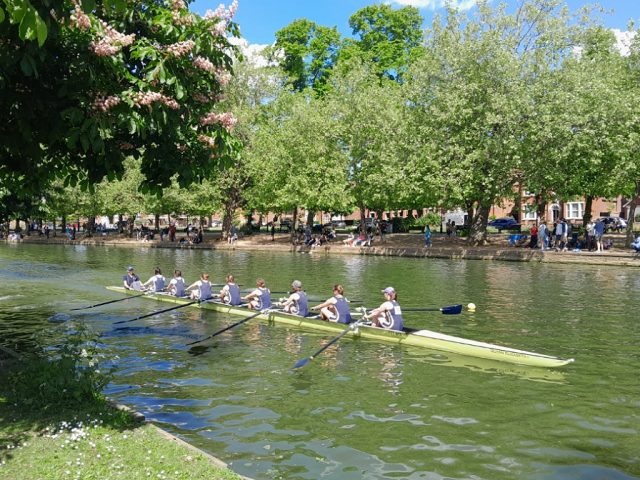 Rowing fans line the River Great Ouse to soak in the 159th Bedford Amateur Regatta A rowing boat on the River Great Ouse at the 159th Bedford Regatta
