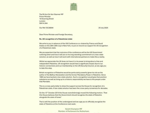 The letter from Sarah Champion MP to the Prime Minister and the Foreign Secretary