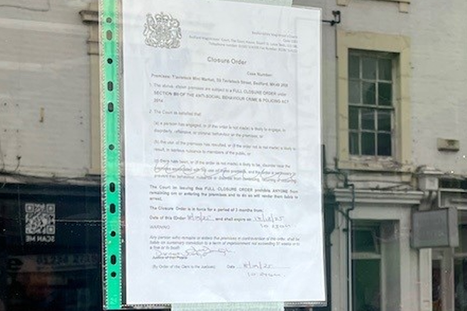 Closure order displayed in the window of the Tavistock Mini Mart on Tavistock Street following an investigation into the sale of illegal tobacco and vapes.