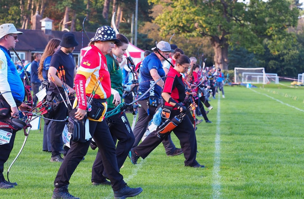 A long group of archers step up for their next shot at the National County Team Championships at Lilleshall National Sports Centre 