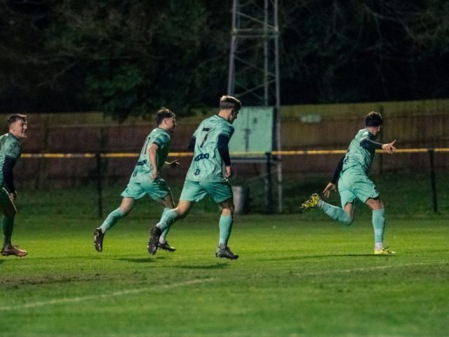 Real Bedford players celebrate an injury time winner at Alvechurch